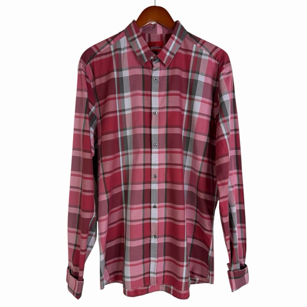 Hugo Boss Red Label Ero Slim Fit Plaid Shirt Men XXL Pink Red Lyocell Cotton